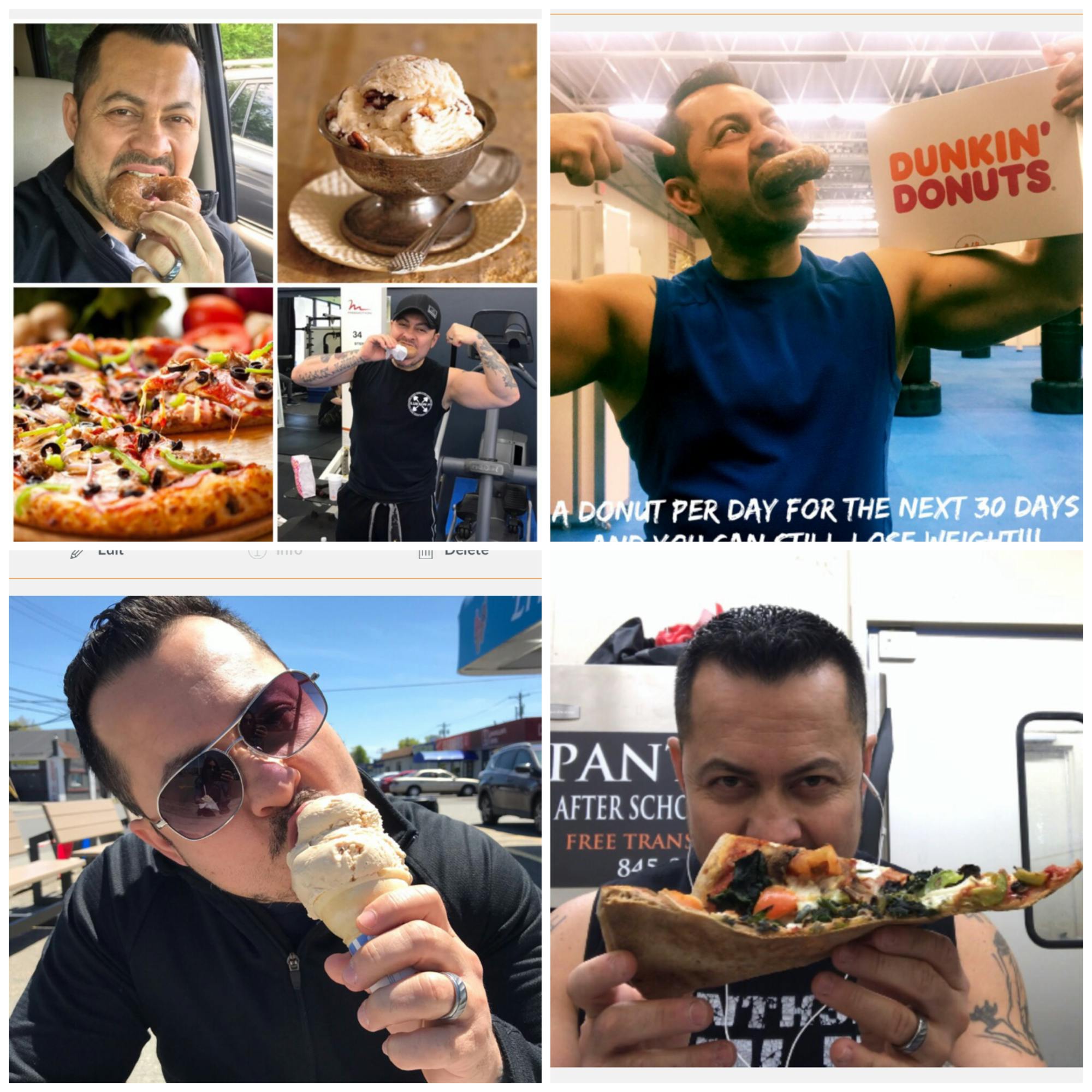 MASTER AL CLUB RAWFIT CO FOUNDER EATING PIZZA, ICE CREAM AND DONUTS